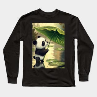 Panda with Leaf Umbrella Long Sleeve T-Shirt